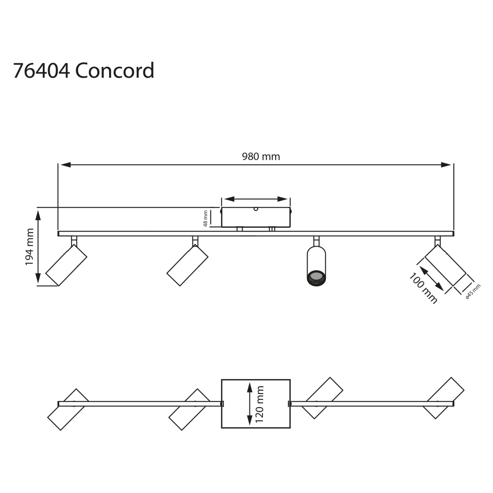 Aneta Lighting CONCORD takspot rak 4:a, svart - Azalea Home