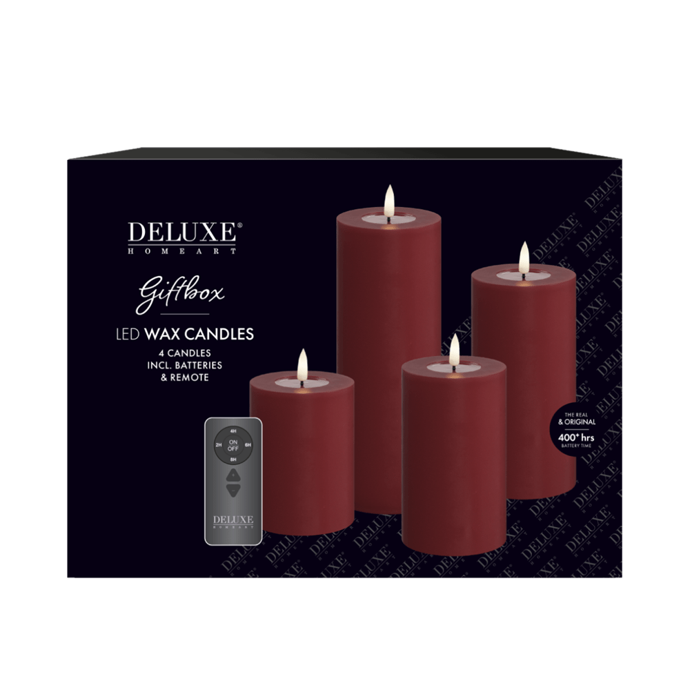Deluxe Homeart Ljuspaket LED Blockljus 4 - pack + Fjärrkontroll Bordeaux - Azalea Home